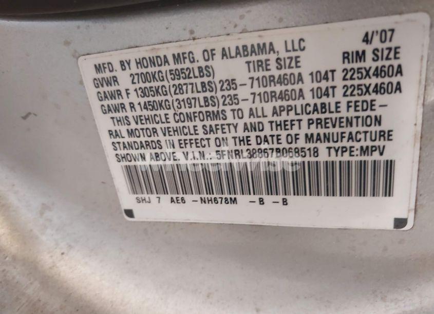 Photo 9 of 2007 Honda Odyssey TOURING (VIN 5FNRL38867B068518)