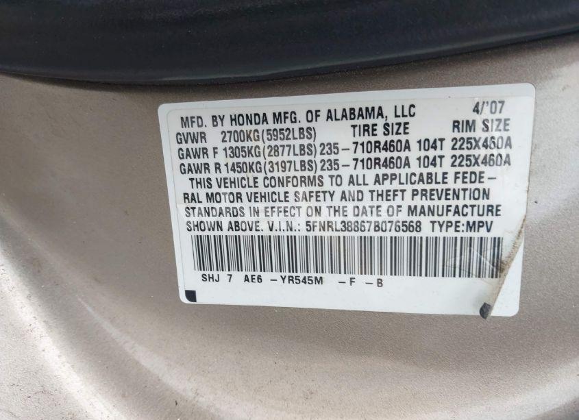 Photo 9 of 2007 Honda Odyssey TOURING (VIN 5FNRL38867B076568)