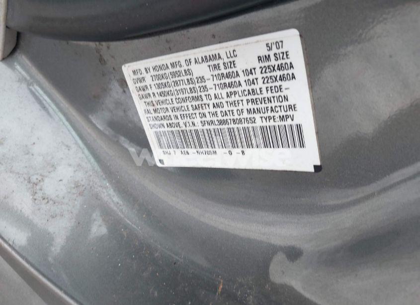 Photo 9 of 2007 Honda Odyssey TOURING (VIN 5FNRL38867B087652)