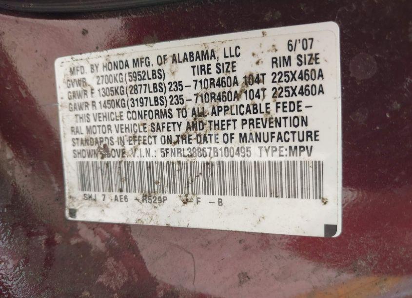 Photo 9 of 2007 Honda Odyssey TOURING (VIN 5FNRL38867B100495)