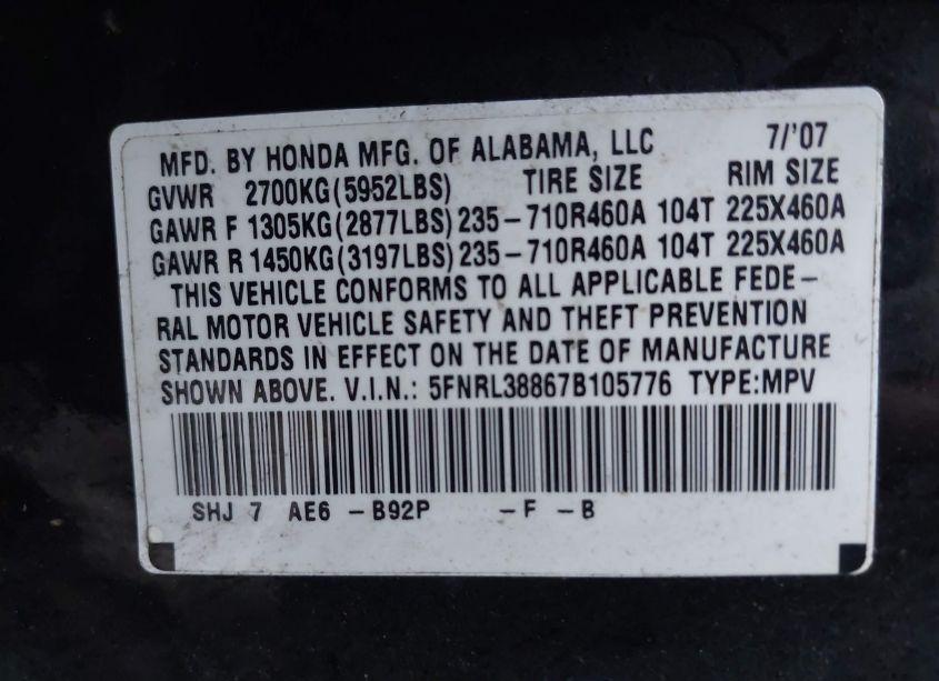 Photo 9 of 2007 Honda Odyssey TOURING (VIN 5FNRL38867B105776)