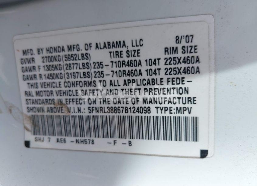 Photo 9 of 2007 Honda Odyssey TOURING (VIN 5FNRL38867B124098)