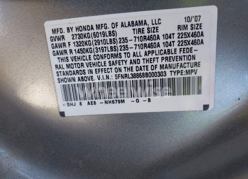 Photo 9 of 2008 Honda Odyssey TOURING (VIN 5FNRL38868B000303)