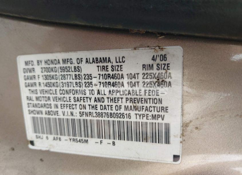 Photo 9 of 2006 Honda Odyssey TOURING (VIN 5FNRL38876B092616)