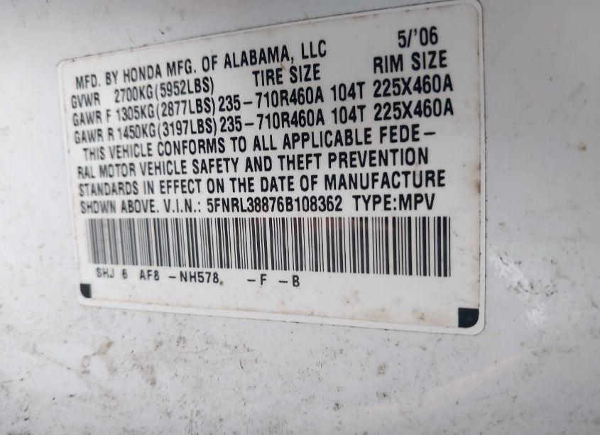 Photo 9 of 2006 Honda Odyssey TOURING (VIN 5FNRL38876B108362)