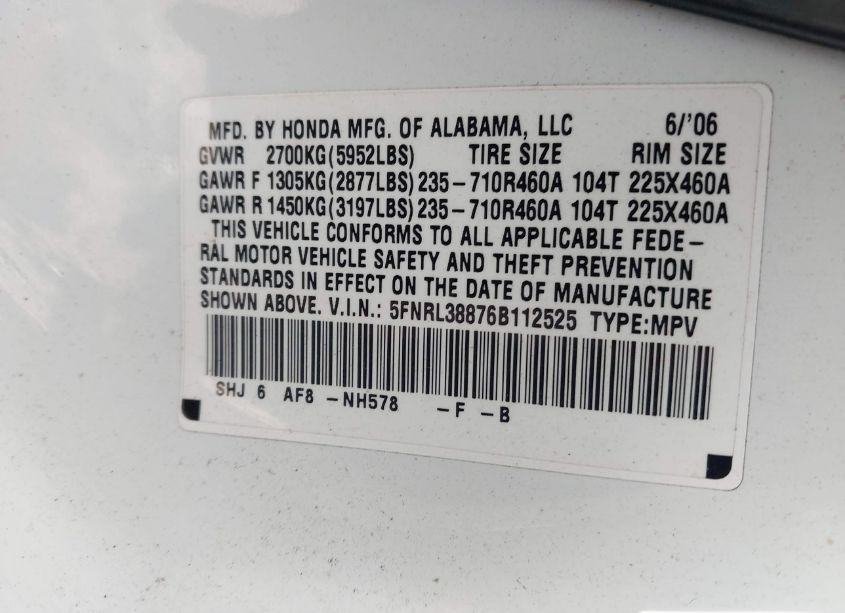 Photo 9 of 2006 Honda Odyssey TOURING (VIN 5FNRL38876B112525)