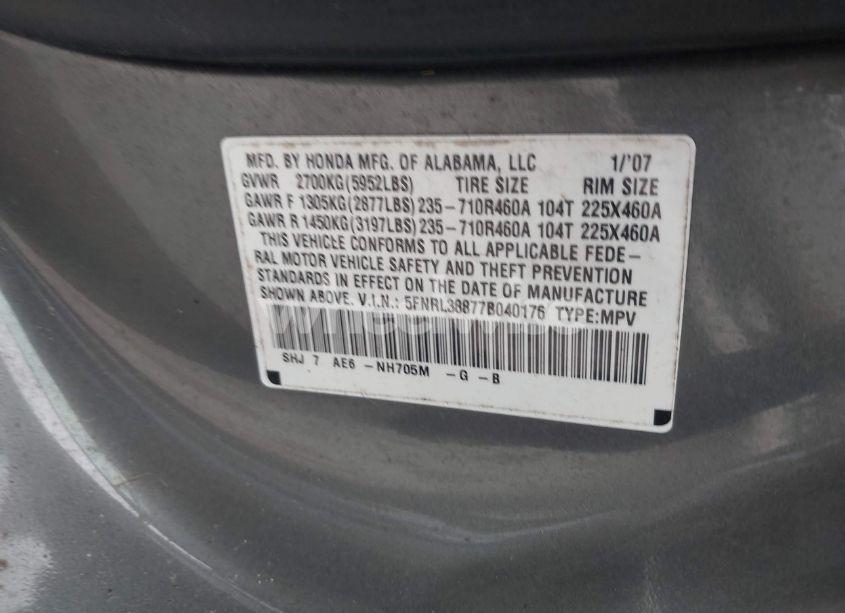 Photo 9 of 2007 Honda Odyssey TOURING (VIN 5FNRL38877B040176)