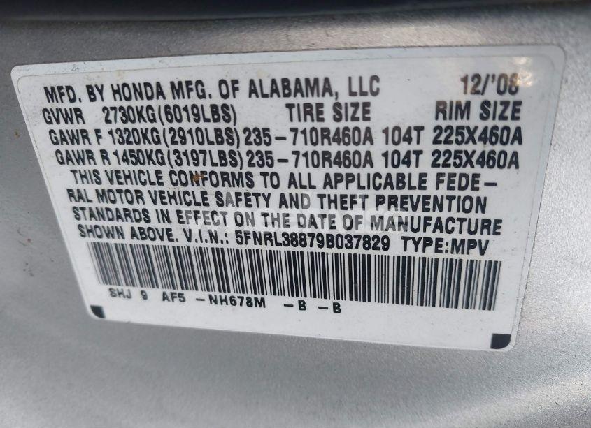 Photo 9 of 2009 Honda Odyssey TOURING (VIN 5FNRL38879B037829)