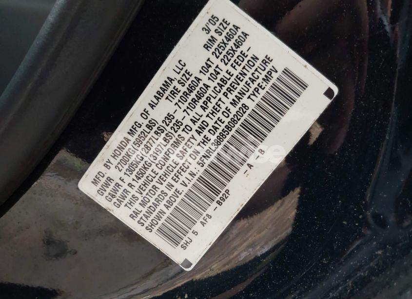 Photo 9 of 2005 Honda Odyssey TOURING (VIN 5FNRL38885B082028)