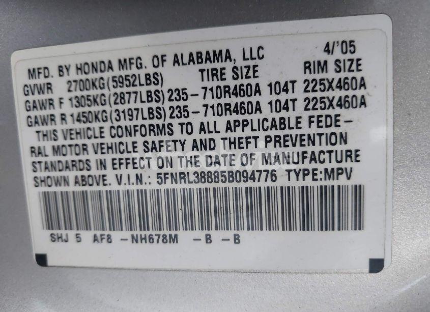 Photo 9 of 2005 Honda Odyssey TOURING (VIN 5FNRL38885B094776)