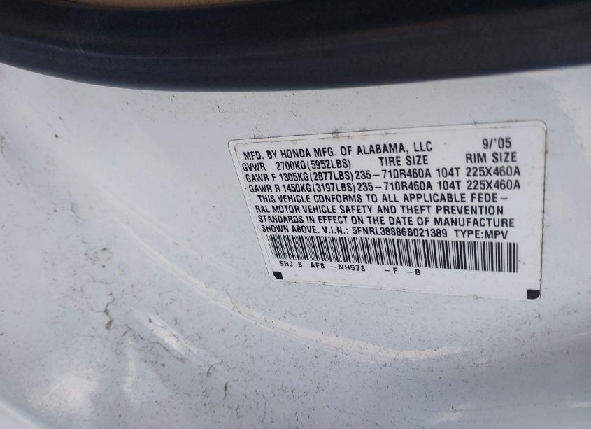 Photo 9 of 2006 Honda Odyssey TOURING (VIN 5FNRL38886B021389)