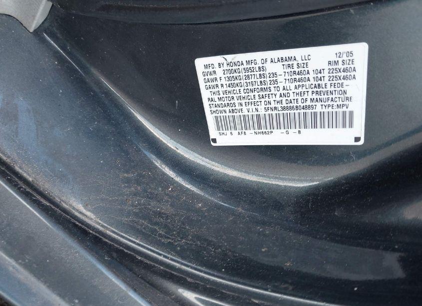 Photo 9 of 2006 Honda Odyssey TOURING (VIN 5FNRL38886B048897)