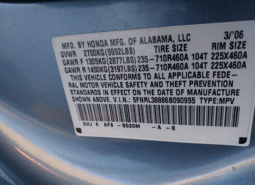 Photo 9 of 2006 Honda Odyssey TOURING (VIN 5FNRL38886B090955)