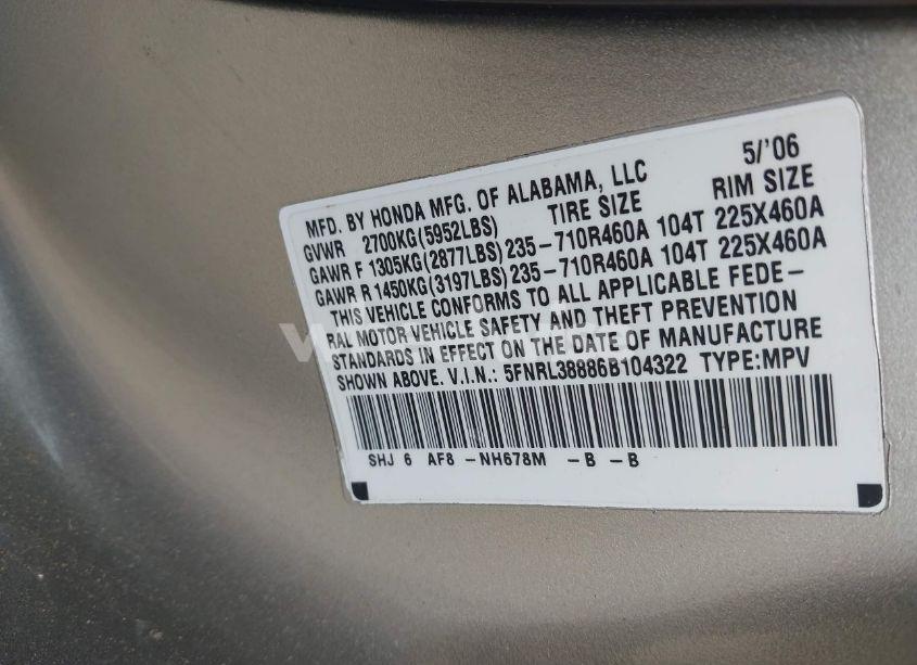 Photo 9 of 2006 Honda Odyssey TOURING (VIN 5FNRL38886B104322)