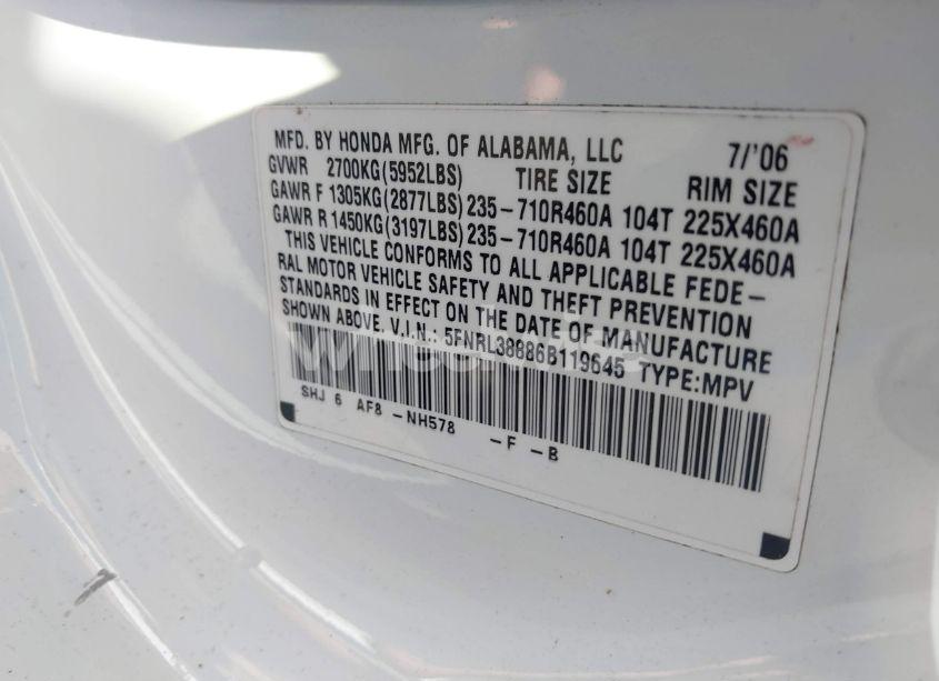 Photo 9 of 2006 Honda Odyssey TOURING (VIN 5FNRL38886B119645)