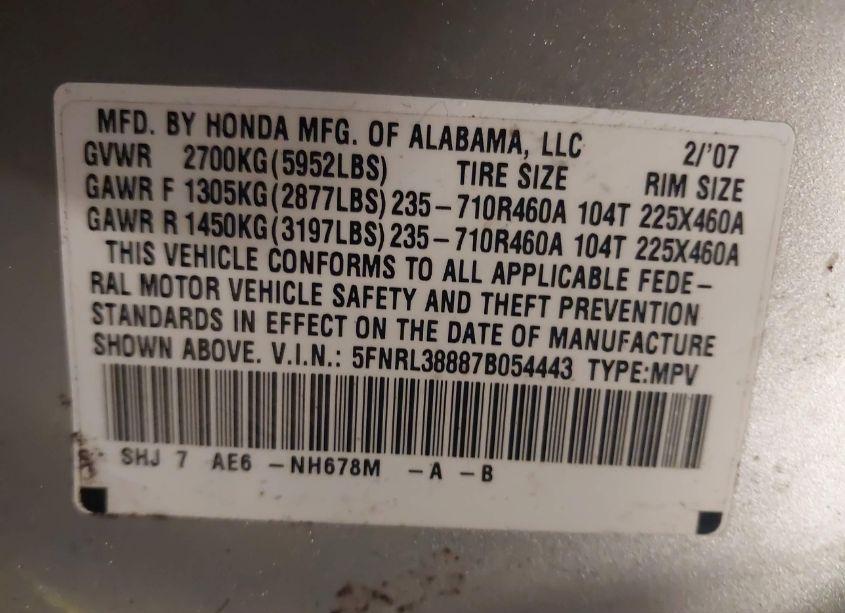 Photo 9 of 2007 Honda Odyssey TOURING (VIN 5FNRL38887B054443)