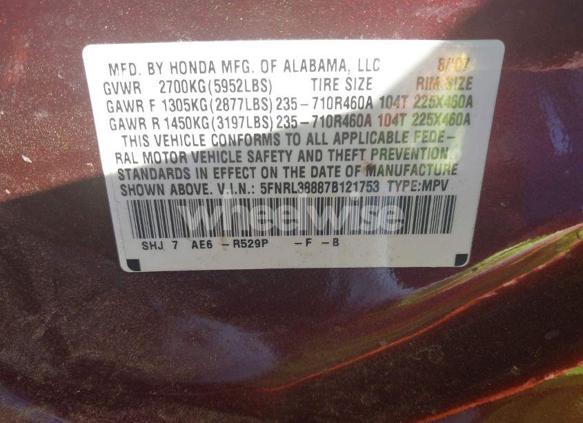 Photo 9 of 2007 Honda Odyssey TOURING (VIN 5FNRL38887B121753)