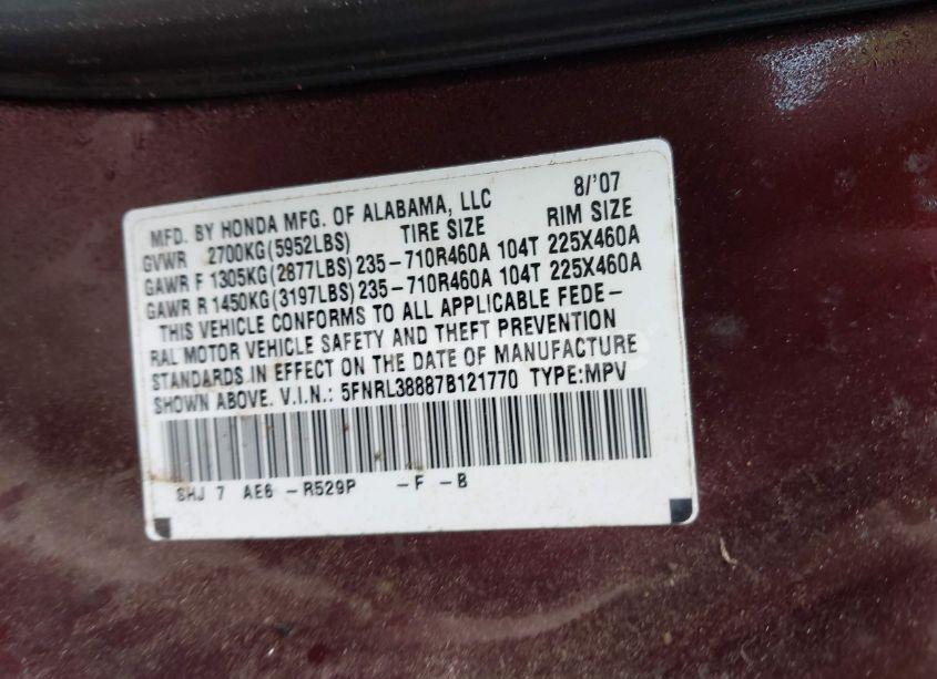 Photo 9 of 2007 Honda Odyssey TOURING (VIN 5FNRL38887B121770)