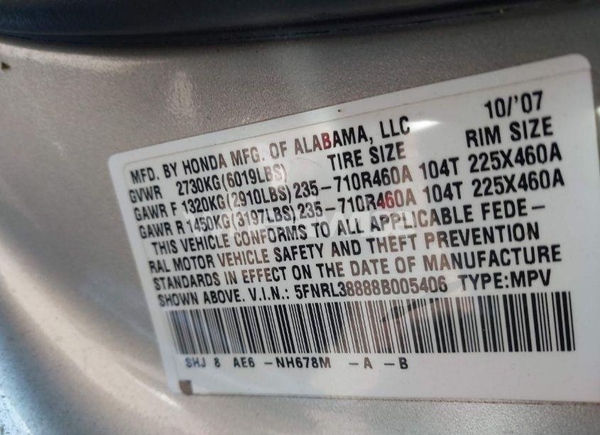 Photo 9 of 2008 Honda Odyssey TOURING (VIN 5FNRL38888B005406)