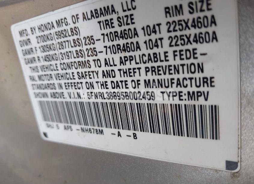 Photo 9 of 2005 Honda Odyssey TOURING (VIN 5FNRL38895B002459)