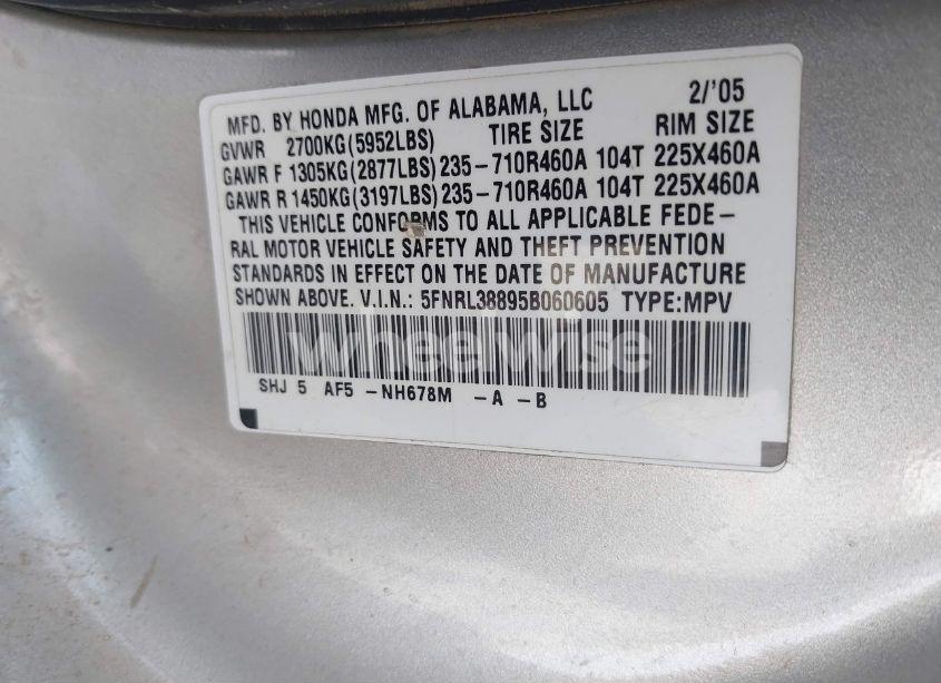 Photo 9 of 2005 Honda Odyssey TOURING (VIN 5FNRL38895B060605)