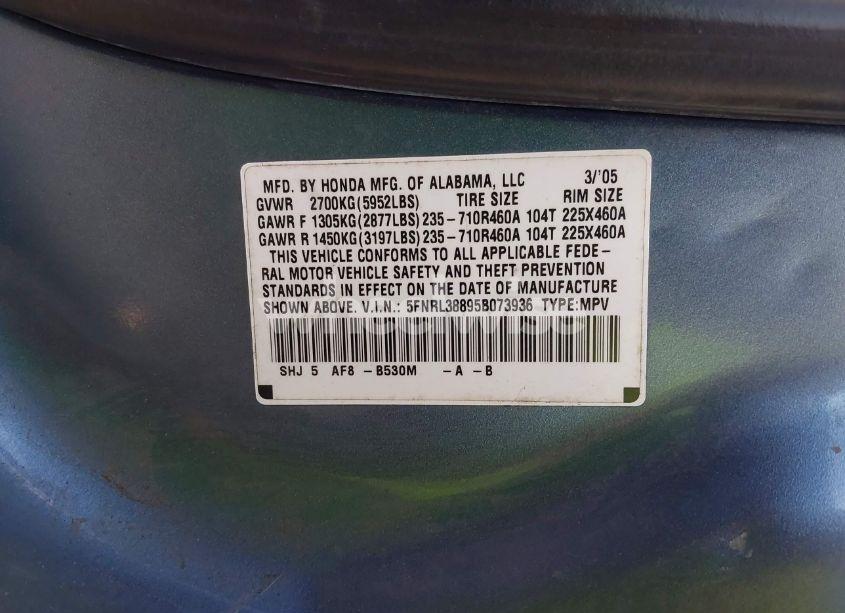 Photo 9 of 2005 Honda Odyssey TOURING (VIN 5FNRL38895B073936)