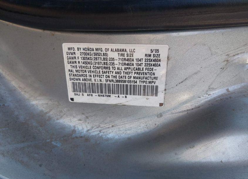 Photo 9 of 2005 Honda Odyssey TOURING (VIN 5FNRL38895B105154)