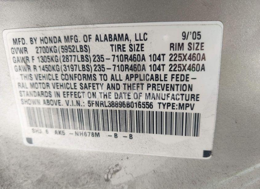 Photo 9 of 2006 Honda Odyssey TOURING (VIN 5FNRL38896B016556)