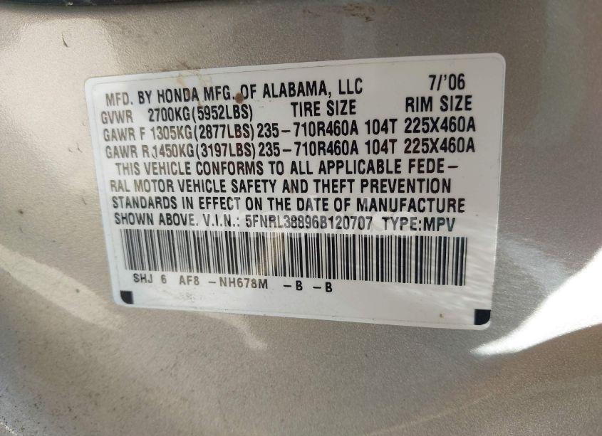 Photo 9 of 2006 Honda Odyssey TOURING (VIN 5FNRL38896B120707)