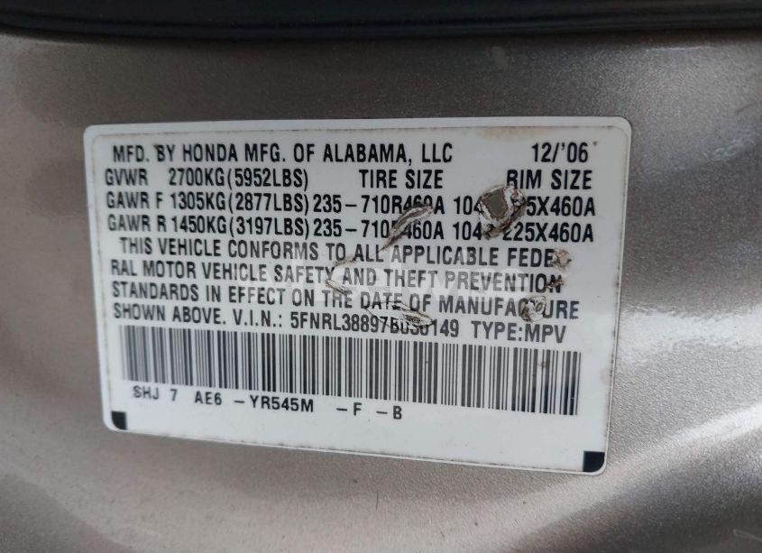 Photo 9 of 2007 Honda Odyssey TOURING (VIN 5FNRL38897B030149)