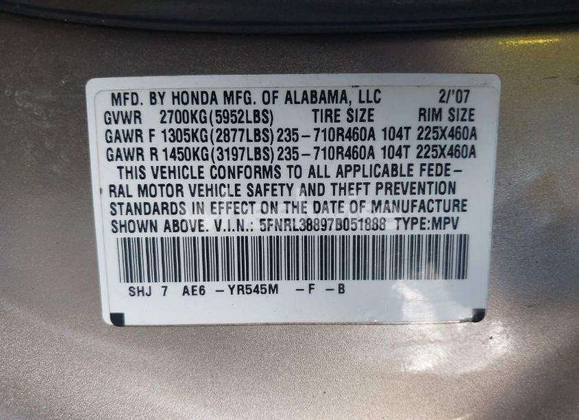 Photo 9 of 2007 Honda Odyssey TOURING (VIN 5FNRL38897B051888)