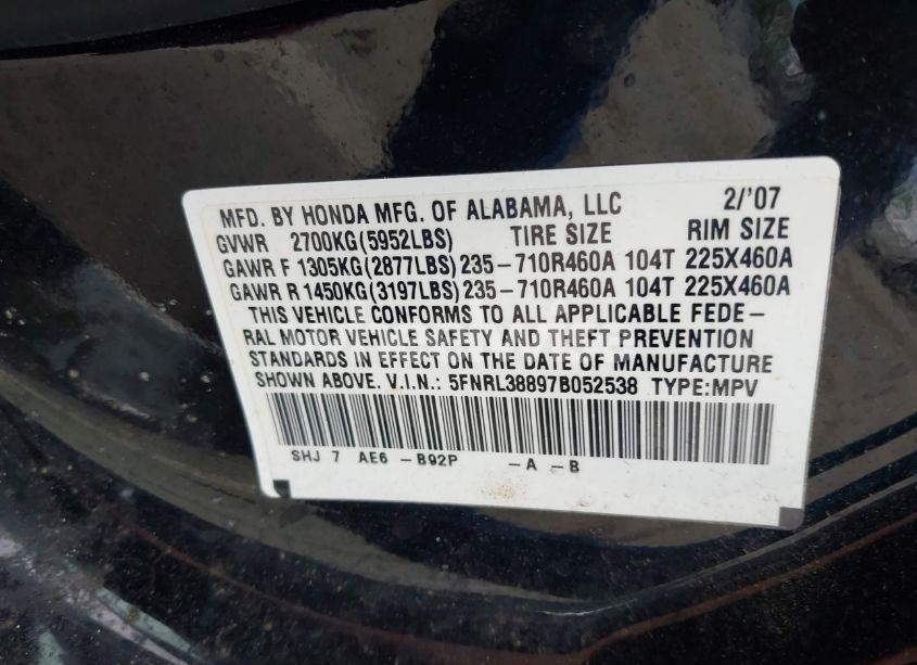 Photo 9 of 2007 Honda Odyssey TOURING (VIN 5FNRL38897B052538)