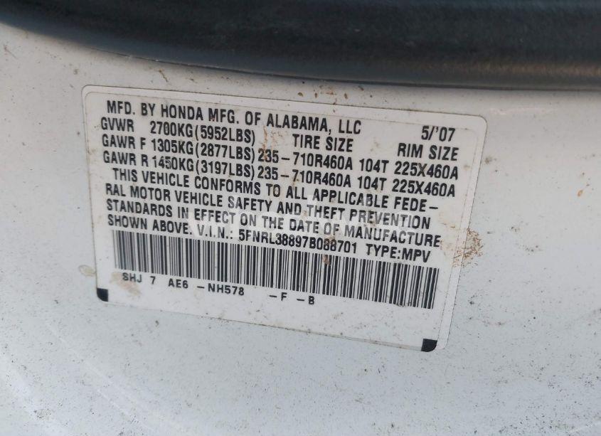 Photo 9 of 2007 Honda Odyssey TOURING (VIN 5FNRL38897B088701)