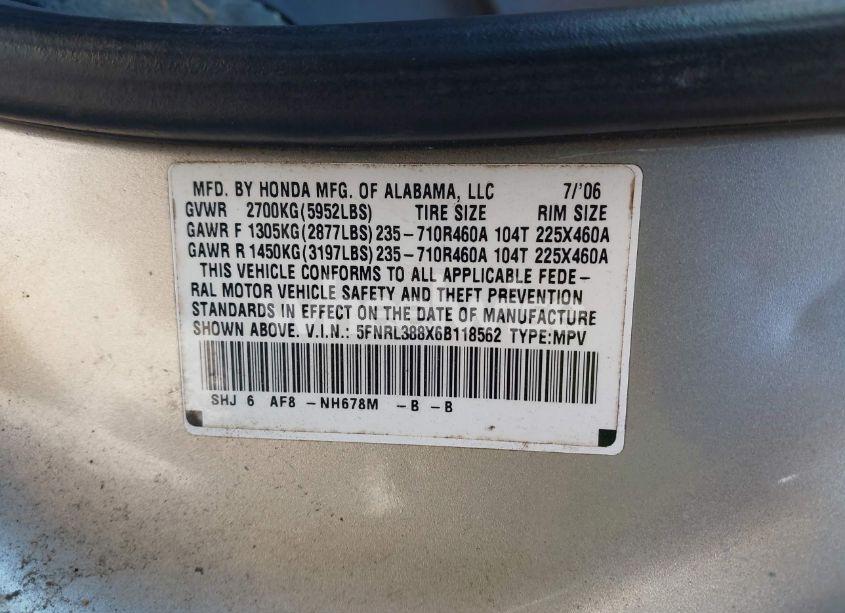 Photo 9 of 2006 Honda Odyssey TOURING (VIN 5FNRL388X6B118562)