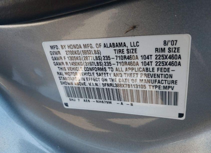Photo 9 of 2007 Honda Odyssey TOURING (VIN 5FNRL388X7B113105)
