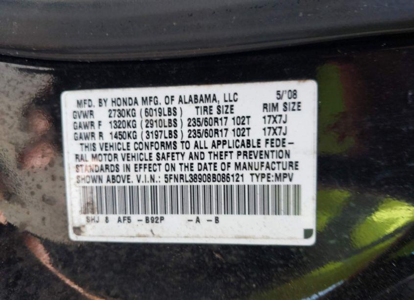 Photo 9 of 2008 Honda Odyssey TOURING (VIN 5FNRL38908B086121)