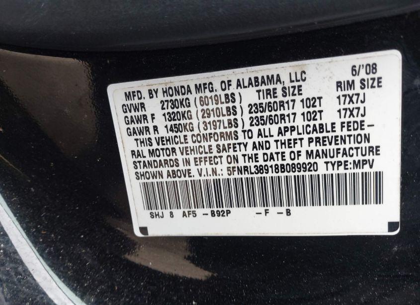 Photo 9 of 2008 Honda Odyssey TOURING (VIN 5FNRL38918B089920)