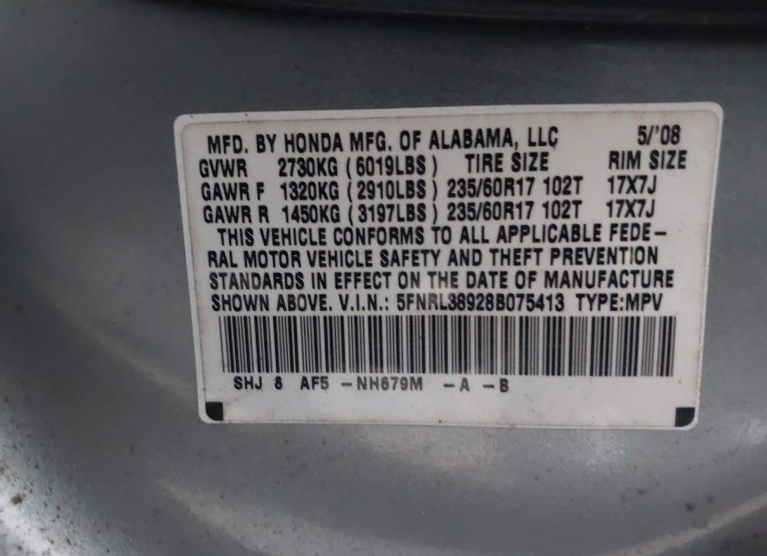 Photo 9 of 2008 Honda Odyssey TOURING (VIN 5FNRL38928B075413)