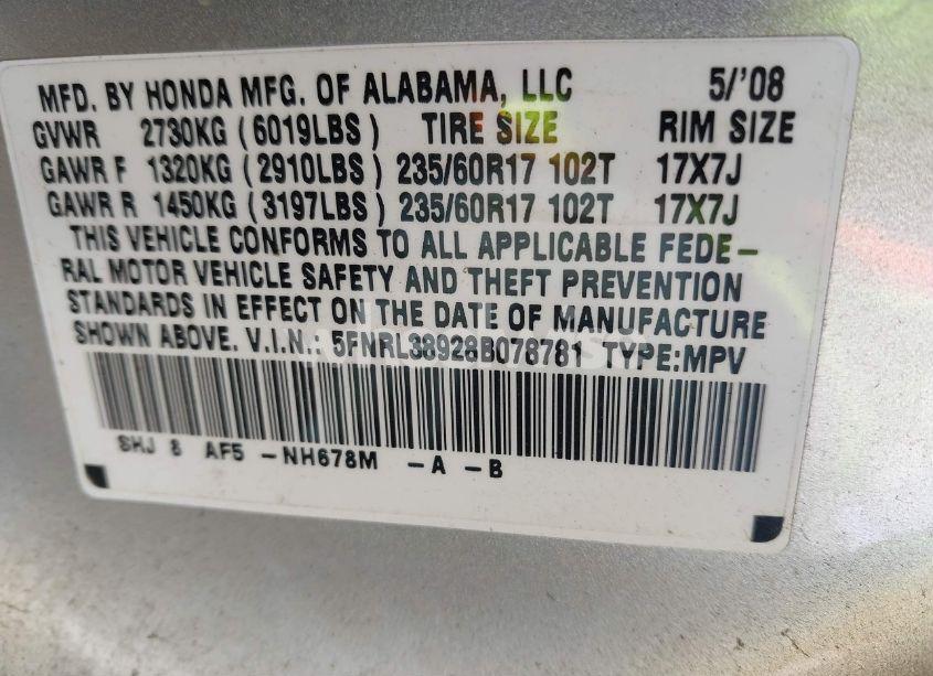 Photo 9 of 2008 Honda Odyssey TOURING (VIN 5FNRL38928B078781)