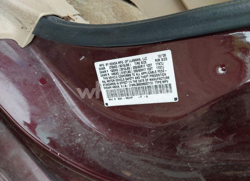 Photo 9 of 2009 Honda Odyssey TOURING (VIN 5FNRL38929B037150)