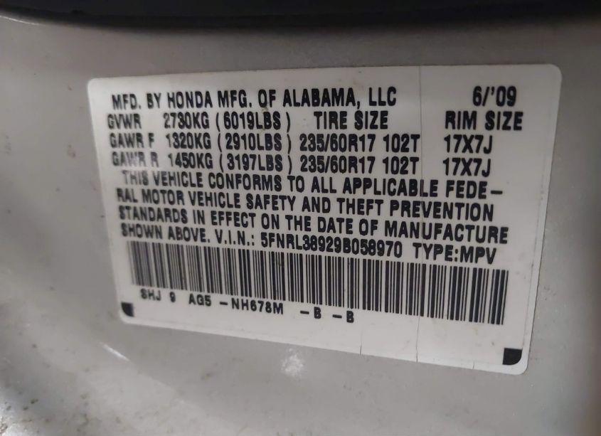 Photo 9 of 2009 Honda Odyssey TOURING (VIN 5FNRL38929B058970)