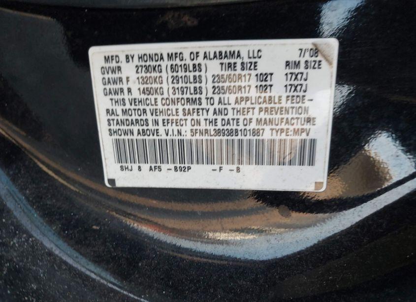 Photo 9 of 2008 Honda Odyssey TOURING (VIN 5FNRL38938B101887)