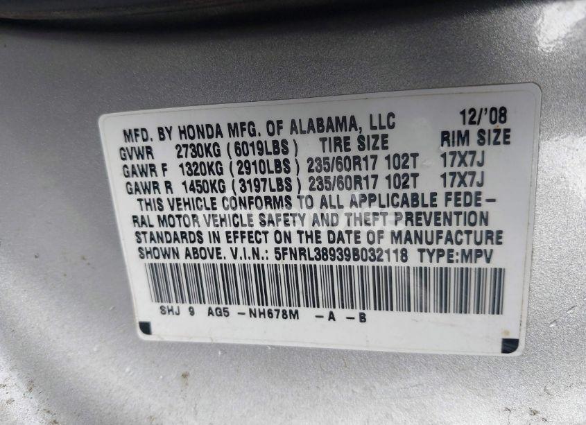 Photo 9 of 2009 Honda Odyssey TOURING (VIN 5FNRL38939B032118)
