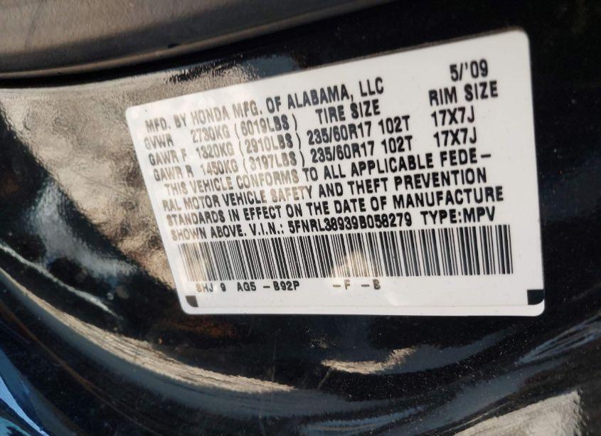 Photo 9 of 2009 Honda Odyssey TOURING (VIN 5FNRL38939B058279)