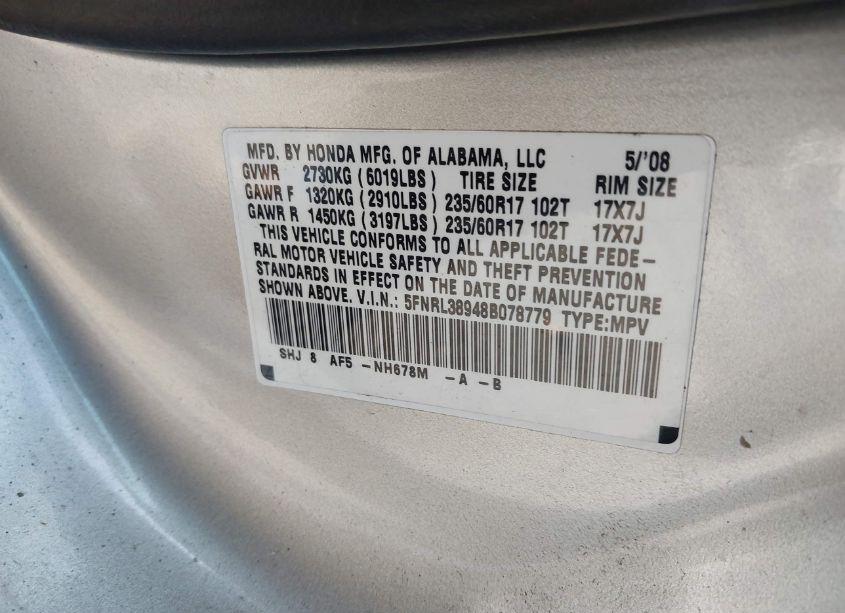 Photo 9 of 2008 Honda Odyssey TOURING (VIN 5FNRL38948B078779)