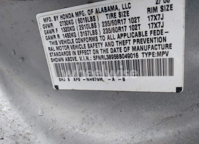 Photo 9 of 2008 Honda Odyssey TOURING (VIN 5FNRL38958B049016)