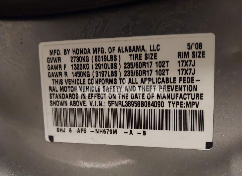 Photo 9 of 2008 Honda Odyssey TOURING (VIN 5FNRL38958B084090)