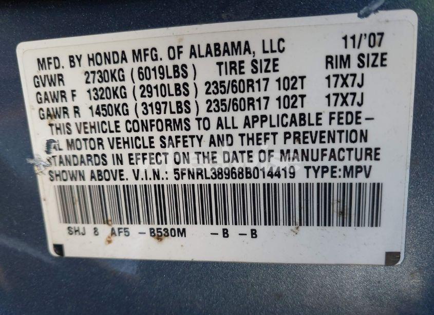 Photo 9 of 2008 Honda Odyssey TOURING (VIN 5FNRL38968B014419)