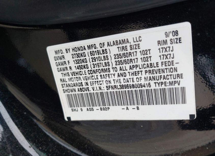 Photo 9 of 2009 Honda Odyssey TOURING (VIN 5FNRL38969B009416)
