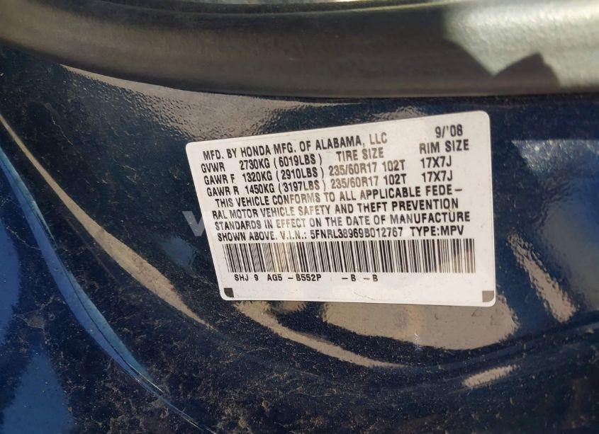 Photo 9 of 2009 Honda Odyssey TOURING (VIN 5FNRL38969B012767)